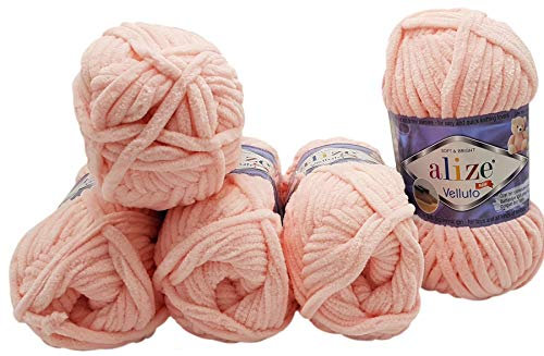 5 x 100 Gramm Alize Velluto Strickwolle, Babywolle , 500 Gramm Wolle Super soft Bulky (apricot 340)