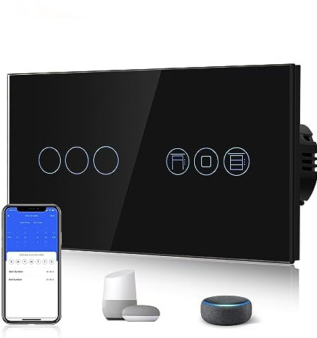 BSEED Alexa WiFi Touch Schalter 3 Fach 1 Weg Fernbedienung mit Smart Life/Tuya APP mit Smart Rolladenschalter Jalousieschalter Alexa und Google Home Kompatibel Schwarz
