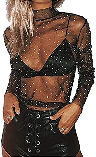 Acrawnni Women's Sexy See Through Slim Fit Shirts Mesh Tops Long Sleeve Turtleneck Neck Sheer Blouse