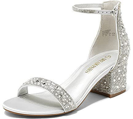 DREAM PAIRS Womens Bridal Sandals Glitter Ladies Mid Low Block Heels Ankle Strap Strappy Wedding Party Evening Prom Open Toe Shoes SDHS2202W,Size 8,Silver/Rhinestone,SDHS2202W