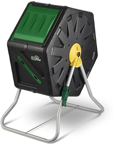 DF OMER Compostor pequeño – Contenedor Compacto de una Sola cámara para jardín – Capacidad Resistente de 18.5 galones (70 L) – Barril Giratorio con protección UV