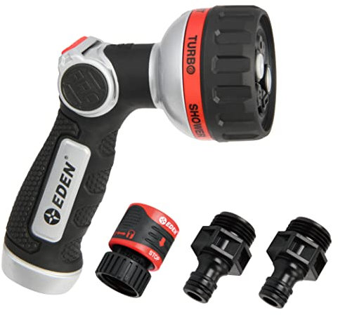 Eden 94814 Pro Metall Daumensteuerung 6 Muster Turbo Düse mit Schnellverbinder Starter Set, Hochdruck Gartensprüher für Schlauch