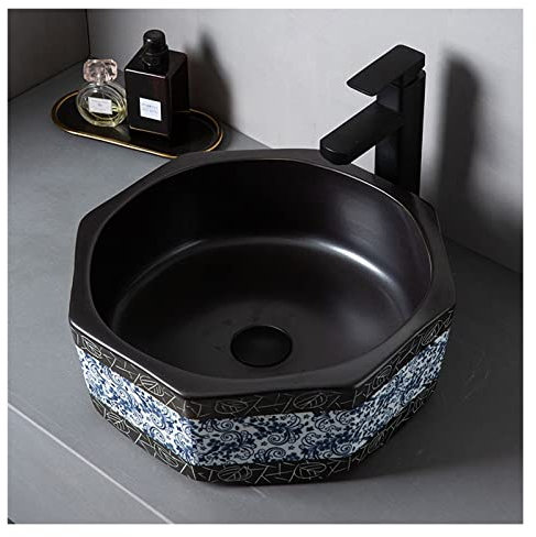 AVLUZ Schwarzes Keramik-Waschbecken, chinesischer Stil über der Theke, künstlerische Spüle mit Wasserhahn-Pop-Up-Ablauf, Badezimmer-Porzellan-Kunst-Waschbecken