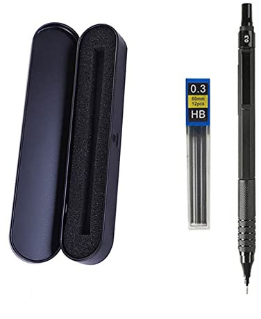 JOMPENS Druckbleistift 0,3, 0,5, 0,7, 2,0 mm, niedriger Schwerpunkt, einziehbarer Metalldruckbleistift Kann zum Skizzieren von Schülern verwendet werden (0,3 schwarzer Stift Schwarze Geschenkbox)