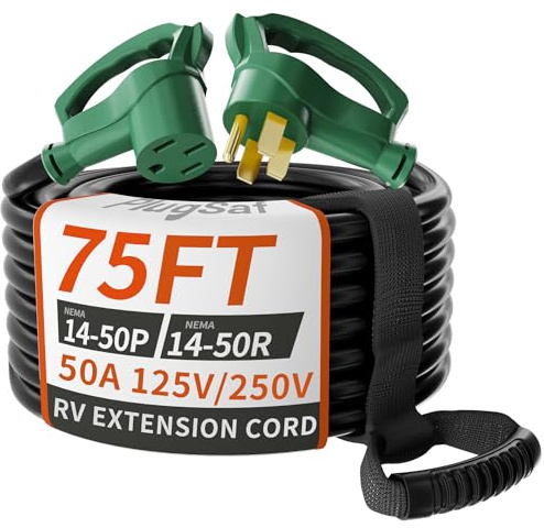 PlugSaf NEMA 14-50P/14-50R 75 FT 40 Amp RV/EV Extension Cord Outdoor with Grip Handle, 4 Prong Flexible Heavy Duty STW RV Power Cord Waterproof, 40A 125/250V 5000/10000W, Black-Green, ETL Listed