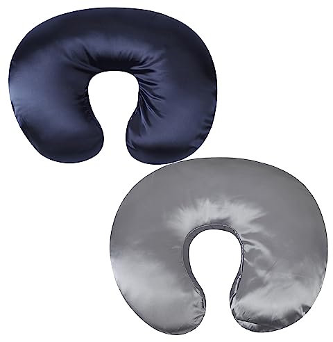 Satin Stillkissenbezug-Set, ultraweiche Seide, kompatibel mit Boppy Pillow Protect für Babyhaare und Haut, Grau & Marineblau, 2 Stück