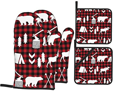 Hitzebeständige Ofenhandschuhe und Topflappen, 4er-Set, Kuh, Hirsch, Weihnachten, bedruckt, rutschfest, wasserdicht, zum Backen, Kochen, Grillen