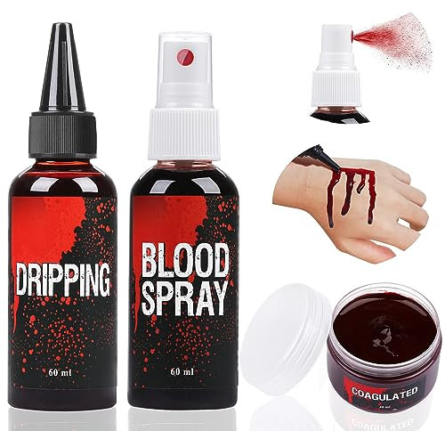 Kunstblut Set, 60ml Kunstblut Spray und 60ml Tropfendes Kunstblut und 40ml Wundschorf Kunstblut, Halloween Waschbar Kunstblut Make-up für Kleidung, Zombie, Vampir Cosplay & Dress Up