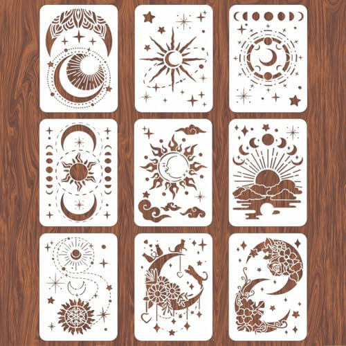 INFUNLY 9PCS Reusable Moon Tile Sun Star Painting Stencils, 12x8 inches, A4 Size, Wood, Wall, Floor, Furniture, PET Material