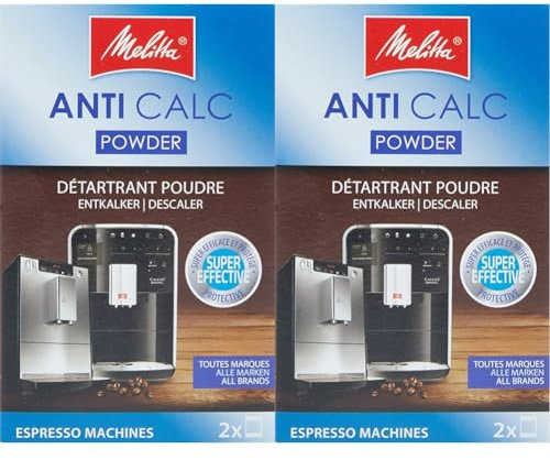 Melitta 178582 Entkalker Kaffeevollautomaten Anti Calc Espresso 2 Pulver Beutel je 40g (2x 40g), Verpackung kann variieren (Packung mit 2)