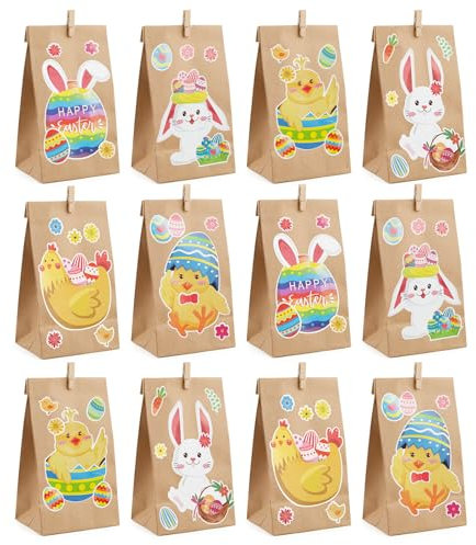 BOFUNX 12pcs Ostertüten zum Befüllen, Geschenktüten zu Ostern Kraftpapiertüten mit 6 Blätter Osteraufklebern & 12pcs Mini-Holzklämmerchen für DIY Basteln und Verschenken