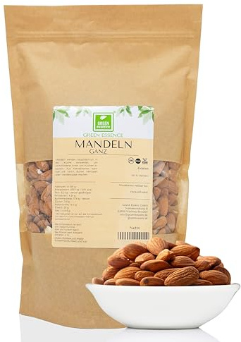 Mandeln 500g natürliche ganze Mandelnkerne ohne Zusätze von Green Essence | 100% Mandeln ganz zum Backen, für Macarons, naturbelassen, ungeschwefelt, mit Haut, vegan, höchste Qualität Almonds, 500 g