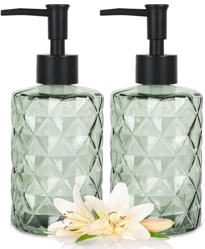 Ulable Grüner Glas-Seifenspender mit Pumpe, 2 Stück, 340 ml, Diamant-Design, Handseifenspender, nachfüllbarer Lotion- und Spülseifenspender, Badezimmer-Seifenspender für Geschirrspülmittel, Lotion,
