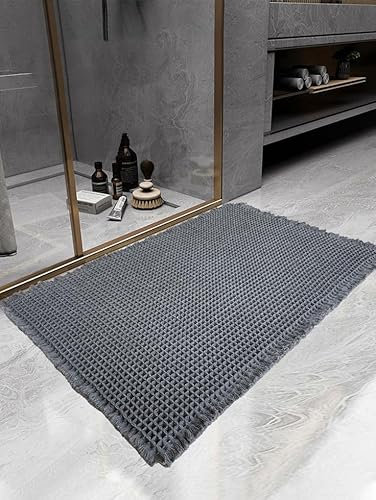 SHIMOH Waffel-Badezimmerteppich, super saugfähig, rutschfest, maschinenwaschbar, mit Quasten, Badematte mit Gummirücken, ultraweich, dunkelgrau, 24 x 36 cm