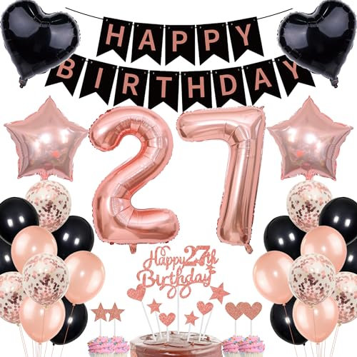 Rose Gold & Black 27th Birthday Cake Topper Set for Women with Banner