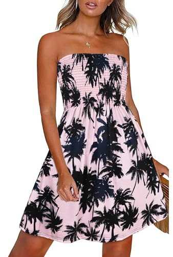Gosunny Robe d'été pour femme - Épaules dénudées - Sans manches - Robe de plage élégante - Courte - Bikini Cover Up, Arbre rose et noir, XL