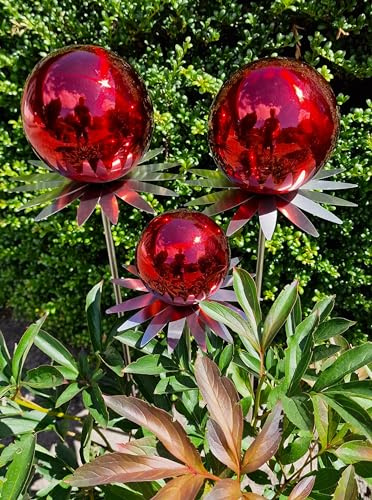 Jürgen Bocker Garten-Ambiente Blütenzauber Milano 3er Set Rosenkugel 15/15/10 cm Edelstahl Gartenstecker Deko mit Stab 80 cm (rot poliert)