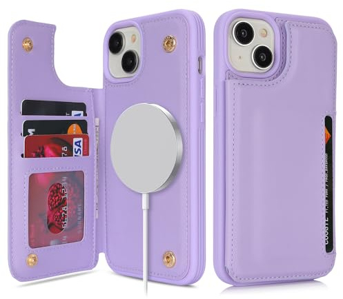 SailorTech for iPhone 14 Plus Case with Credit Card Holder Magsafe, iPhone 14 Plus Phone Leather Case for Women Compatible mag safe Card Slots Durable ShockPlusof Wallet Case - Purple