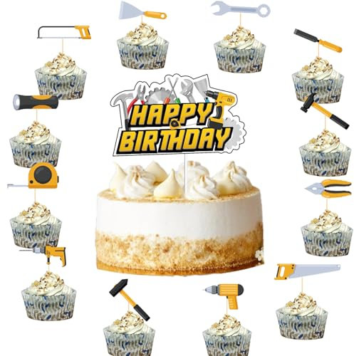 KOBOKO Werkzeug Thema für Kuchendekoration, Muffin Deko, Schraubenschlüssel, Hammer, Handsäge, Maßband, Schraubendreher Tortendeko, Kuchendeko Geburtstag für Kinder Junge