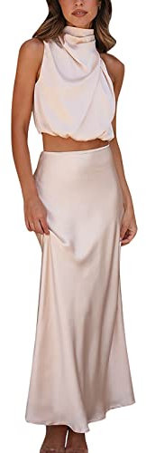 Gonna a pieghe da donna, lunghezza al ginocchio, estiva, lunga, formale, in raso, colletto alto, senza maniche, spacco laterale, maxi canotta in due pezzi, top e gonna mai più, Colore: rosa., L