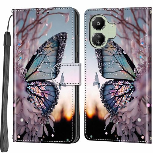 Salanheo Wallet Case for Xiaomi Redmi 13C 4G / 13C 5G, Butterfly wing | Card Slots, Kickstand, Shockproof, Magnetic Closure, PU Leather, Flip Wallet Book, Lanyard Strap
