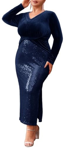 Hanna Nikole Damen Samt Pailletten Kleid Langarm V-Ausschnitt Patchwork Hipster Kleid Marineblau 46