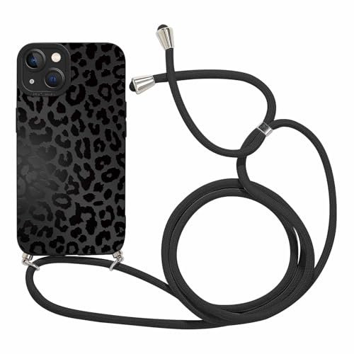 Coalbooliy Coque avec Cordon pour iPhone 14 Plus 6,7 avec Motif Noir Imprimé Léopard Case, Aesthetic Silicone étui avec Collier Réglable Corde Souple TPU Antichoc Housse Protection pour Femmes, 03