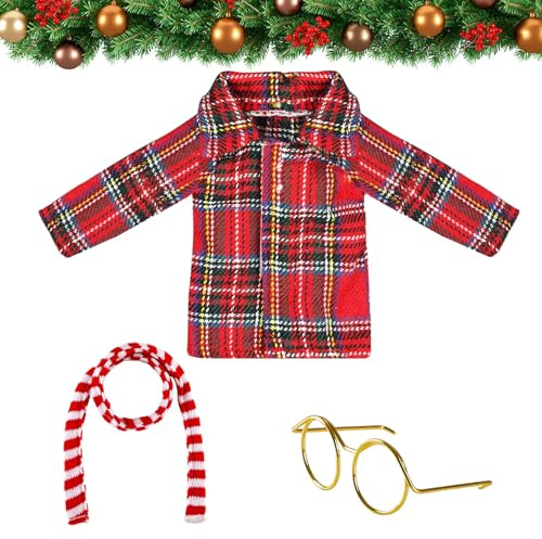 Weihnachts Kleidung für Mini Puppen, Elfen Puppen Kleidungszubehör, Weihnachtself Zubehör, Zubehör für Puppen, Weihnachten Puppenbekleidung, Langarm, Brille, Schal, für Puppenhaus Dekoration