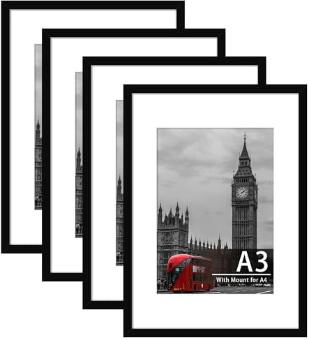 Tinkeps A3 Picture Frame, Black, 4 Pack | Engineered Wood and Plexiglass, A3 Frame with Mount for A4 Prints, Photos, and Posters, Wall Mountable