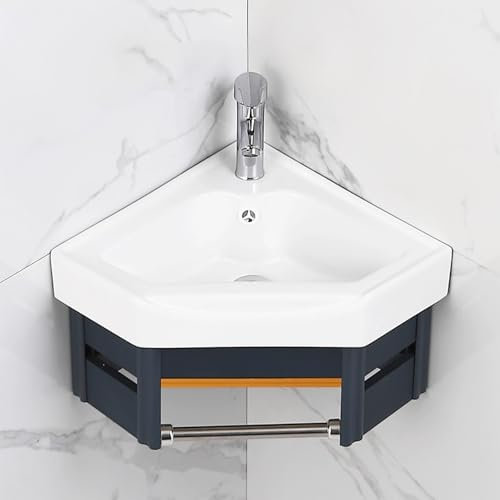 Lavandino angolare in ceramica per bagno Lavandino angolare da parete per bagno, Lavandino in ceramica, Lavandino da bagno con ripiano in acciaio inox Mobili per lavabo da bagno Lavandino angolare per