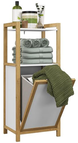 HOMCOM Meuble sur Pied en Bambou, Meuble Bas de Salle de Bain, avec Panier à Linge, 2 étagères, Gain de Place, 40 x 30 x 86,5 cm, Blanc