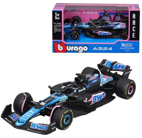 Bburago Formula 1 Alpine A524 Japan Version (2024): modellino auto in scala 1:43, modello speciale, driver #31 Esteban Ocon, Window Box, 12,5 cm, blu rosa (18-38219O1)