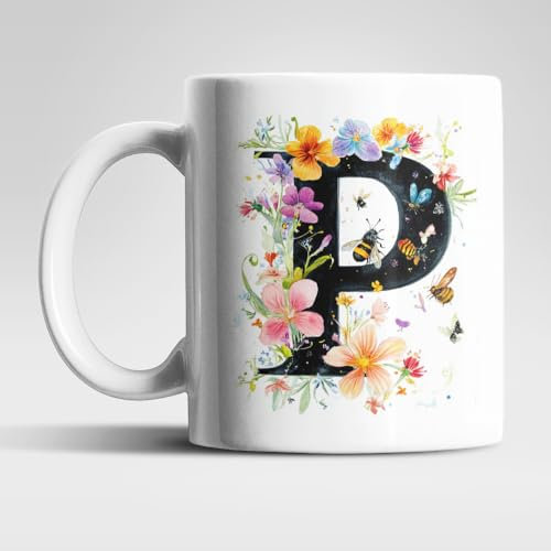Tasse mit Buchstabe A–Z & Zahl 0–9 – Blumen & Bienen Design – Kaffeetasse 325 ml aus Keramik – Geschenkidee mit Initiale für Damen, Kinder & Naturfreunde, Muster: P