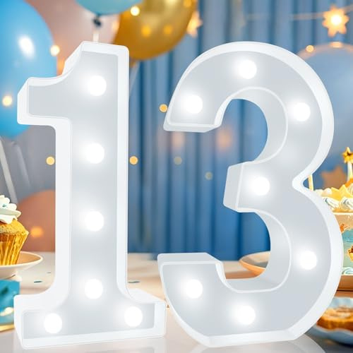 Decorative LED Light Up Numbers, 13th Birthday Decoration for Teen Girls Boys, Cool White Marquee Numbers 13 Sign for Boys Girls Gift Party Backdrop 13th Wedding Anniversary Decor, Number 13