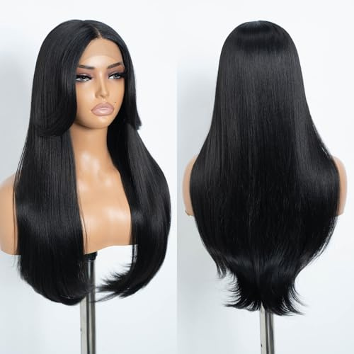 Style Icon Lange schwarze glatte Perücke mit Vorhang-Scheitelband, synthetische Lace-Front-Perücke, 61 cm, geschichtete Wellen-Perücke für Frauen, 13x5x1 T Teil Lace, hitzebeständige Fasern für den