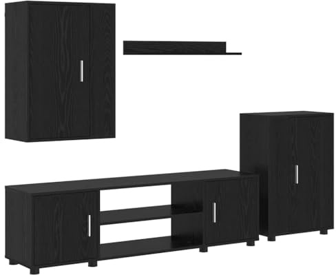 vidaXL 4 Piece TV Cabinet Set Wall-mounted Black oak Engineered wood, Modern Minimalist Tv Cabinet, Rectangular Design, Adjustable Feet, Ample Storage, Wall-Mounted Unit for Living Room Setup