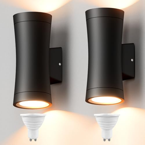 brightower 2 Stück Wandleuchte Außen/Innen, Außenwandleuchten mit GU10-Fassung, IP65 Aluminium Up-and-Down-Außenleuchte, Wandlampe aussen für Eingang und Terrasse, inklusive Leuchtmittel, Schwarz