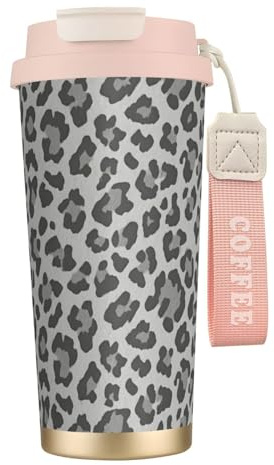Kingmate Thermobecher 500ml mit Strohhalm & Deckel–Kaffeebecher Thermo to Go auslaufsicher, Doppelwand Isolierbecher aus Edelstahl–Thermo Kaffeebecher für Büro, Camping, Grauer Leoparden-Print