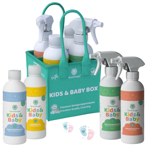 Greenhugo Kids & Baby Box – 4-teiliges Premium Reinigungsset | Öko & Vegan | Hypoallergenes Waschmittel, Krabbelbodenreiniger, Spielzeugreiniger & Babyflächenreiniger | Geschenkidee für Familien