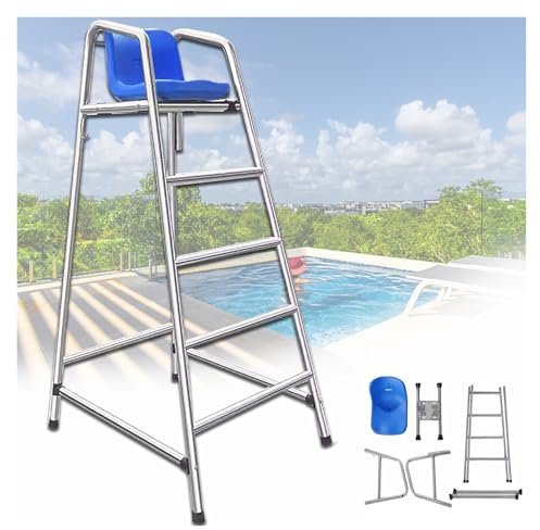 Generisch Rettungsschwimmerstühle, Outdoor-Rettungsschwimmerstuhl mit blauem Sitz, 1,20 m - 1,80 m Höhe, Edelstahl, Sonnenschutz und Haken, ideal für Pools, Tennis- und Volleyball-Schiedsrichterstuhl