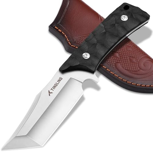 Tingling Couteau de Camping Tanto à Lame Fixe Couteau de Bushcraft et de Camping avec Gaine, Pleine Soie, Noir