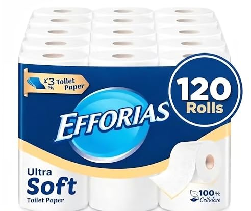 Efforias Luxury 3-Ply Toilet Tissue – 120 Rolls | Soft Quilted Bathroom Tissue | Premium Unscented Toilet Paper for Home, Office & Hospitality | Strong, Absorbent & Septic Safe