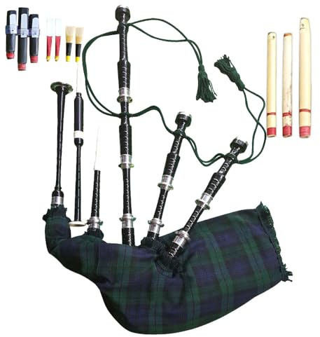 Great Scottish Highland Bagpipes Beginner Full Set — Rosewood Natural Finish with Tartan Cover, Silver Mounts, Tutor Book, Carry Bag, Reeds & Drones (Black Finish, Black Watch)