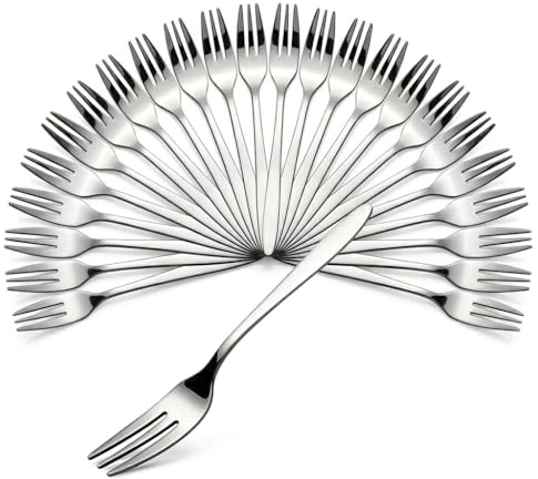 Juego de 24 tenedores de postre de acero inoxidable, pequeños, 3 dientes, tenedores para entrantes, tenedores de fruta, para fiestas, bodas, gastronomía, cubiertos aptos para lavavajillas, plata