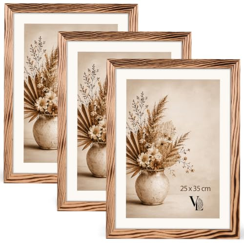 Velora H&L Set 3 Stück Bilderrahmen 25 x 35 cm geflammt - Echtholzrahmen mit Acrylglas, Fotorahmen, Posterrahmen für Bilder, Fotos, Puzzels und Urkunden