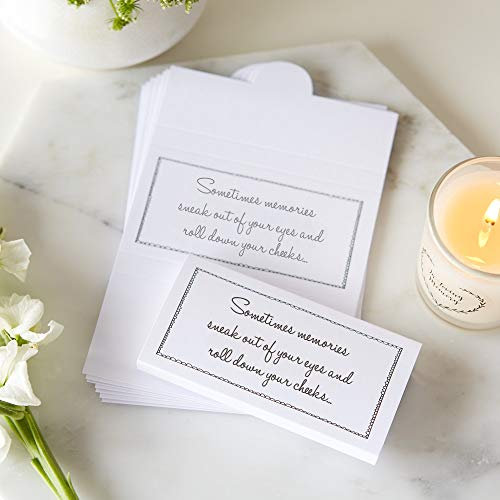 ANGEL & DOVE 25 White Card Funeral Favour Tissue Wraps 'Sometimes Memories Sneak Out of Your Eyes'