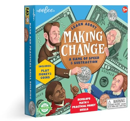 eeBoo: Making Change Game, 50 Item Cards with Play Money, Develop Math and Practical Money Skills, Perfect for Ages 5 and up