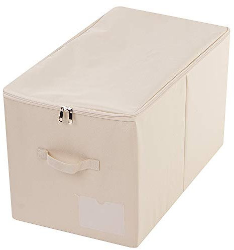 Amonsen 56(L) X 33 (W) X 32 (H) cm, Large Closet Storage Box with Lid, Collapsible Wardrobe Clothes Storage Boxes with 3-side Zip Cover, Washable& Label Pocket, Beige