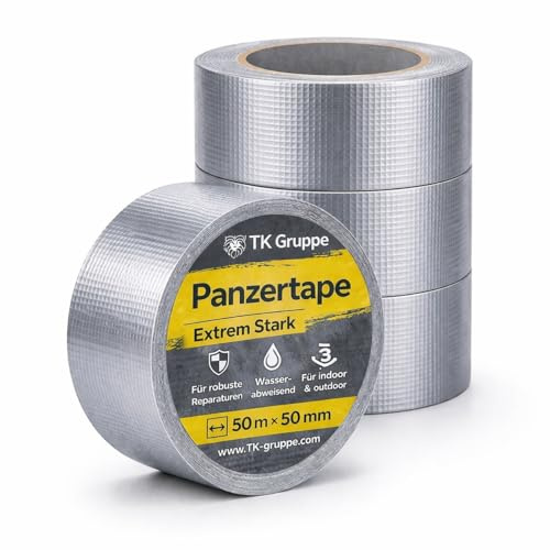 TK Gruppe Timo Klingler 4x Panzertape 50 Meter * 50 mm Panzerband - Gewebeklebeband, ultrastark & witterungsbeständig Klebeband Reperaturband Gewebeband Duct Tape silber (4x Stück)