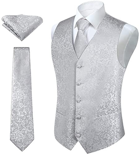 HISDERN Hochzeitsweste herren Blumen Hochzeit Silber-Grau Weste Krawatte Einstecktuch Taschentuch Jacquard Weste Anzug Set 3XL